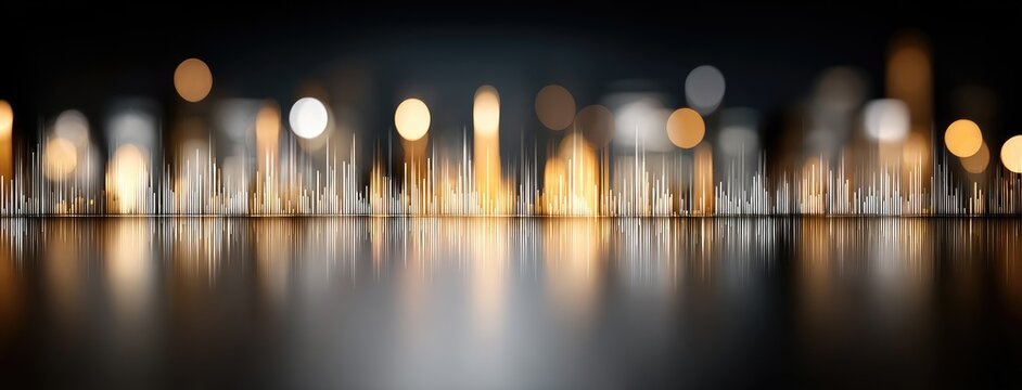 Electric city skyline illuminated at night, showcasing digital technology and sound waves symbolizing advanced communication