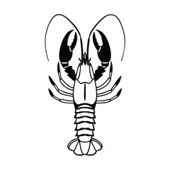 Outlined lobster shows detailed claw structure with segmented body in monochromatic presentation