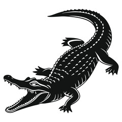 Fototapeta premium shows a black alligator opening its mouth and displaying dangerous teeth