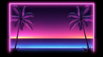 Naklejka premium Neon pink/purple framed tropical sunset