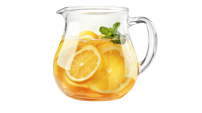 A glass pitcher of fresh lemonade with lemon slices and mint floating inside isolated on white background