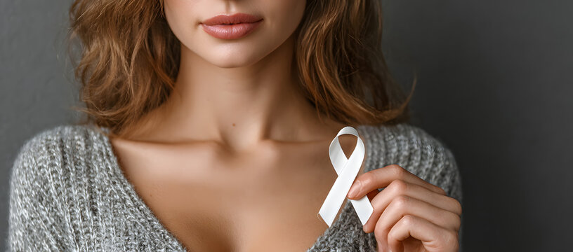 Woman holding white Ribbon for November Lung Cancer Awareness month, democracy and international peace day. Healthcare concept - Powered by Adobe