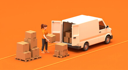 3D Illustration of Delivery Person Unloading Cardboard Boxes from Van