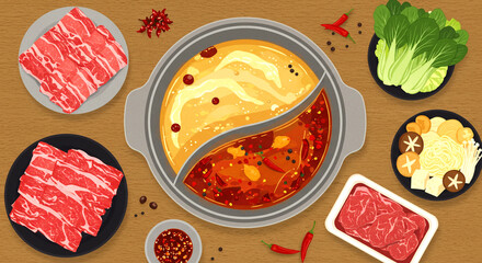 Delicious Hot Pot Dinner Beef, Vegetables, and Two Broths