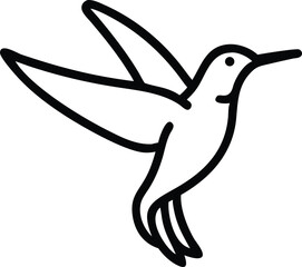 Simple black outline conveys a hummingbird flying with wings spread gracefully on white