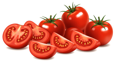 Fresh Tomatoes and Slices Vector Illustration
