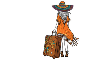 Elderly Woman With Suitcase Wearing Sombrero