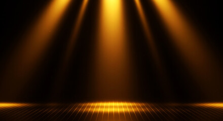 Golden Light Stage Spotlight with Dramatic Shadows, Abstract Golden and Black Background