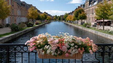 Bright sunny day in Normandy features colorful flowers and a tranquil river reflecting the blue sky, lined by charming houses