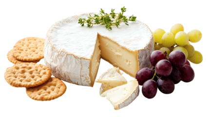 Artisan cheese wheel with wedges, crackers, and grape cluster elegantly arranged isolated on white background 