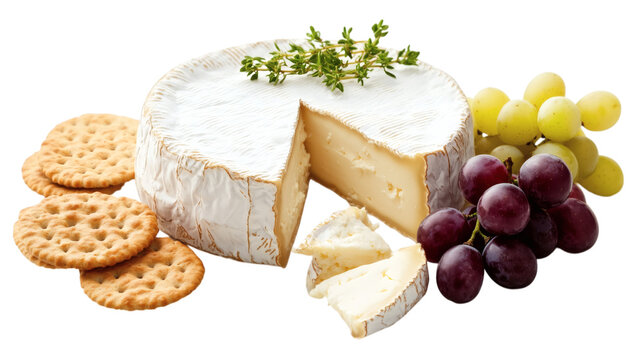 Artisan cheese wheel with wedges, crackers, and grape cluster elegantly arranged isolated on white background 