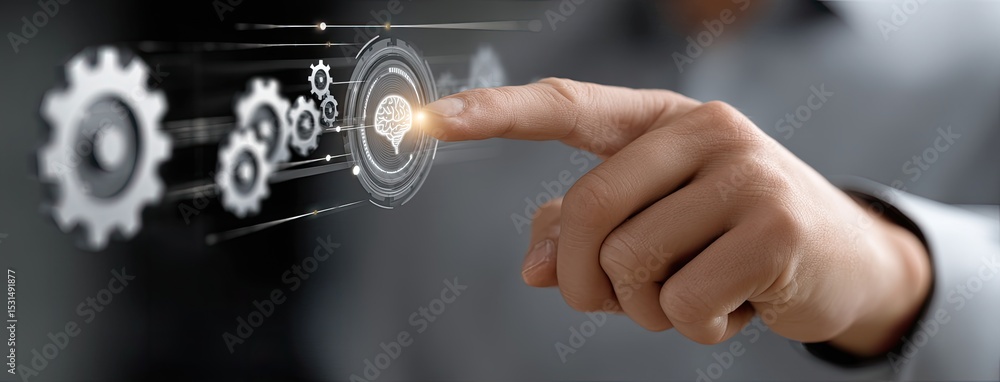 Poster a hand interacts with a digital interface featuring ai icons on a dark background, emphasizing advan