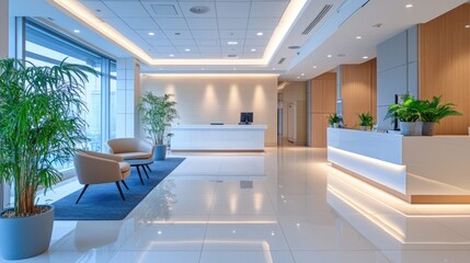 Fototapeta premium Modern Hotel Lobby Interior with White Reception Desk