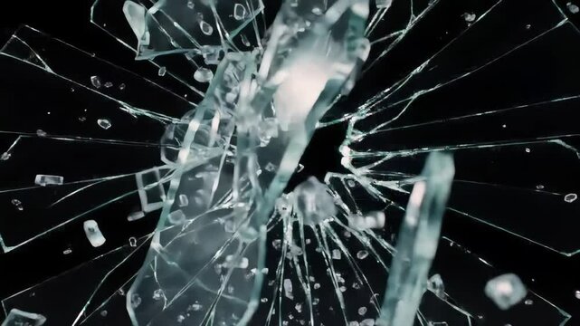 A whole glass sheet dramatically shattering into pieces in slow motion against a solid black background, ultra-realistic glass physics, cinematic lighting, crystal shards flying in all directions, hig