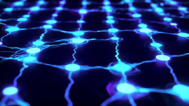 Abstract animation of an artificial neural network forming in real time, with glowing interconnected nodes and flowing neural connections, resembling brain synapses, on a dark high-tech background. Sm