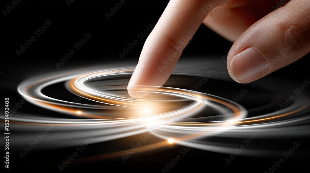 Poster a hand interacts with abstract glowing particles, creating a connection in a high-tech environment f
