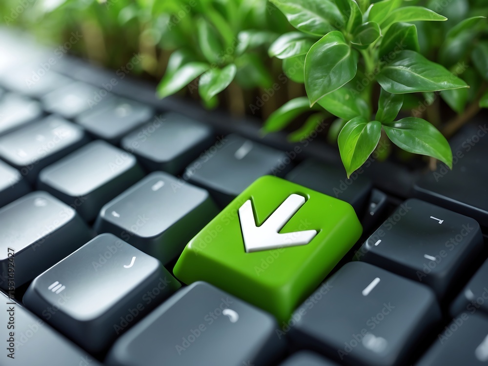 Wall mural green key on dark gray computer keyboard with lush green plants image