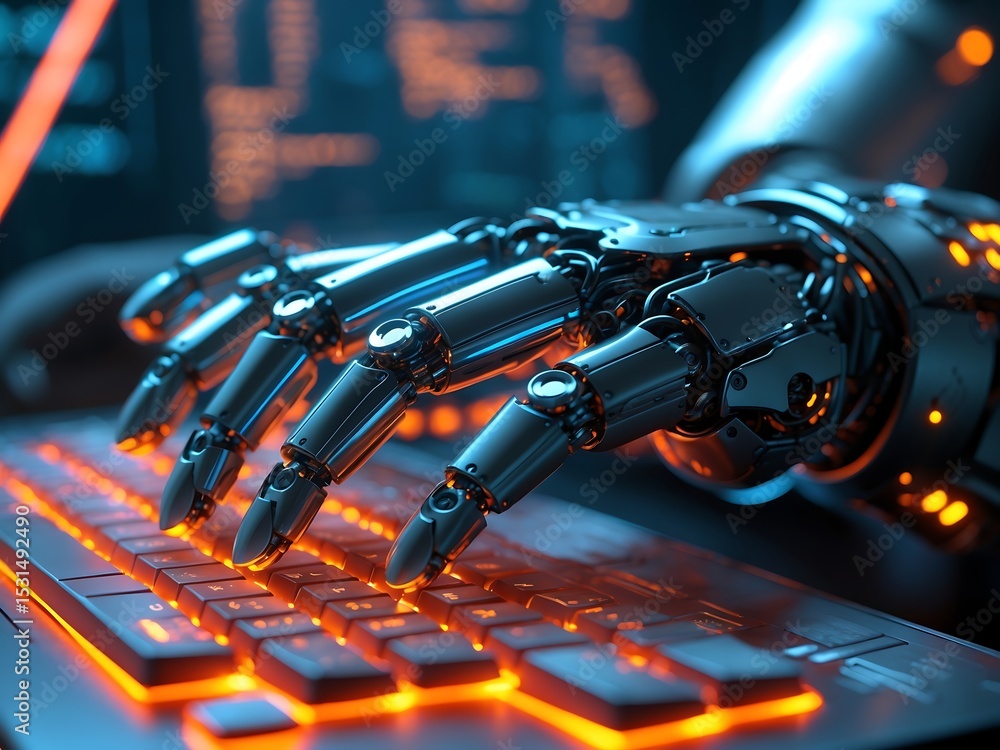 Poster closeup metallic robotic hand typing on illuminated keyboard dark background image