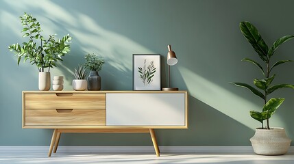 Interior of modern living room with wooden commode and vase
