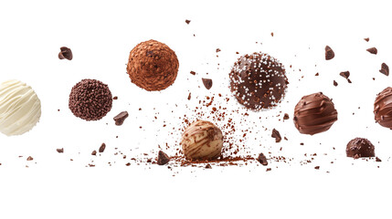 Assorted flying chocolate truffles with cocoa dust and sprinkles floating around isolated on white background 