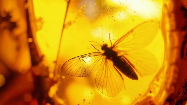 Fossilized insect in amber, preserved specimen of an ancient flying bug with delicate wings and details, encased in yellow resin for study.