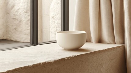 Off-White Ceramic Bowl on Beige Stone Windowsill