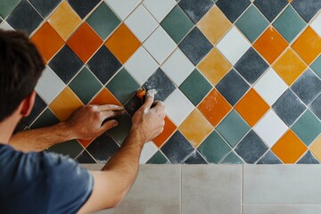Hands installing modern tiles on a kitchen backsplash