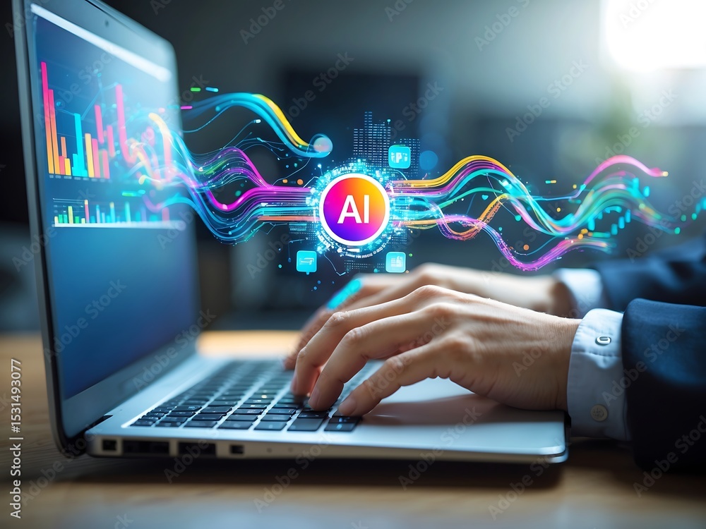 Aufkleber hands typing on silver laptop a i data colorful waves charts graphs business technology image