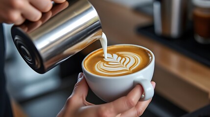 Barista pouring milk creating art in a coffee cup preparing latte art