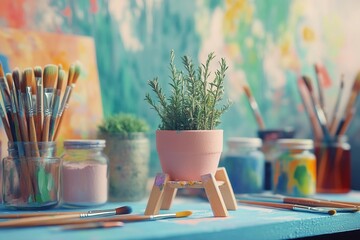 Small plant stand being painted in vibrant pastel colors