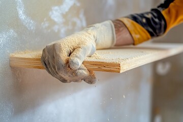 Smoothing a wooden shelf surface by sanding in a well-lit workshop
