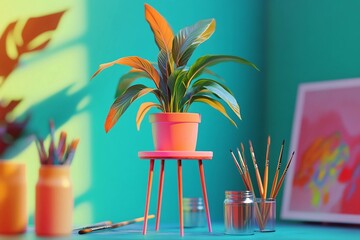 Small plant stand being painted in vibrant pastel colors