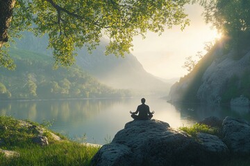 Person sitting cross-legged on a rock near a tranquil river