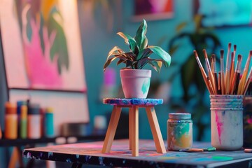 Painting a small plant stand with bright pastel hues
