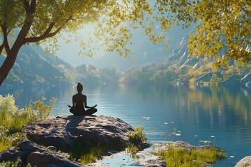 Sitting peacefully cross-legged on a rock by a calm river