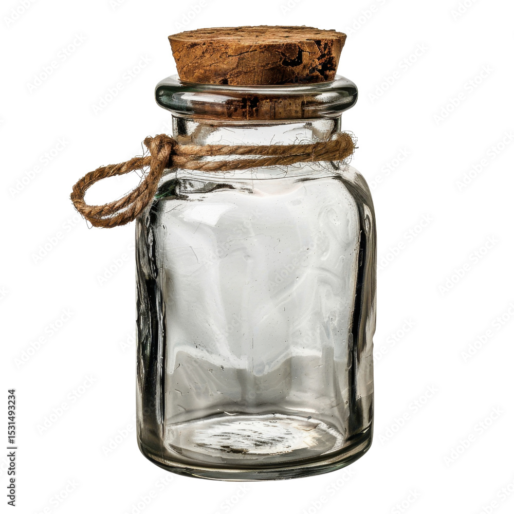 Poster clear glass jar with cork lid, featuring rustic twine tie around neck. this versatile container is p