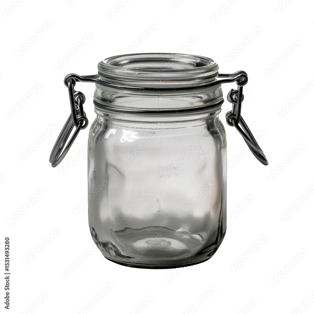 Poster clear glass jar with metal clasp lid, perfect for storage or decoration. its simple design makes it 
