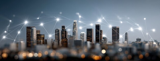 City skyline illuminated by blue lights at night, featuring digital connections linking buildings across the urban landscape