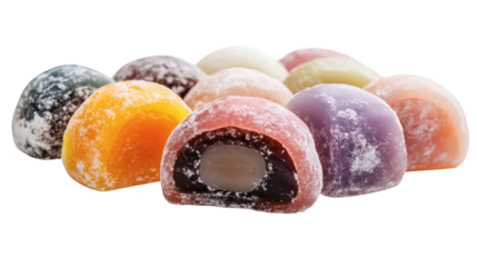 Assorted mochi pieces with different pastel colors and fillings sliced open isolated on white background 