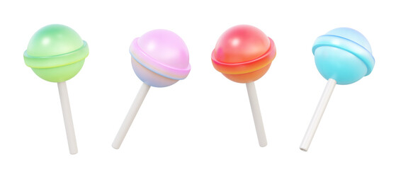Set of lollipop colorful on isolated background. sweet glassy cute cartoon design food kids, childhood birthday summer concept. 3d render illustration