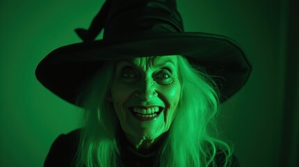 Elderly woman in witch costume, lit by eerie green light, smiles creepily for a spooky halloween vibe. Perfect for horror or supernatural themes