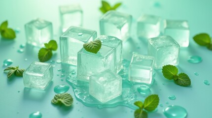 Ice cubes with mint green accents and refreshing water droplets create a cool and crisp summer atmosphere, perfect for hot days, summer refreshment, cooling drink