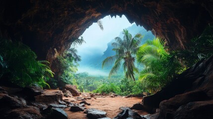 Dark Cave Opening to Lush Tropical Landscape