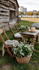 Fototapeta premium Charming backyard garden features rustic wooden chairs, straw baskets with flowers, and a boho-chic picnic setup beside a barn