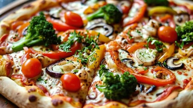 Rustic Vegetarian Pizza with Colorful Fresh Vegetables on Wooden Table