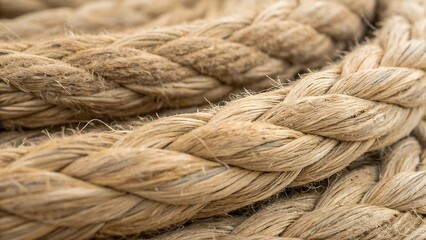 Fototapeta premium Close up macro view of thick natural braided rope texture showing fibrous surface detail and rustic nautical appeal