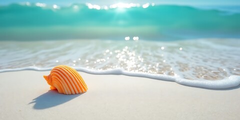 Obraz premium Orange seashell on a sandy beach with turquoise ocean water and sunlight