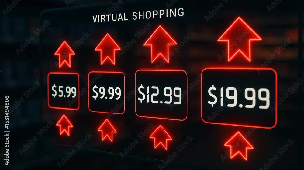 Poster a hand interacting with a virtual shopping interface, displaying various product prices highlighted 