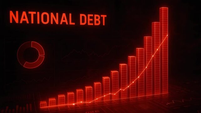 A visual representation of national debt growth, showcasing a red line graph with ascending bars