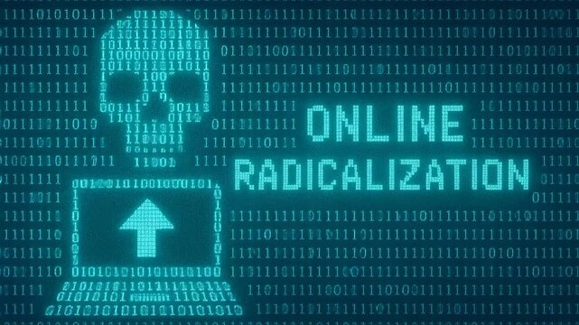 A digital representation highlighting the concern of online radicalization, featuring a skull and binary code